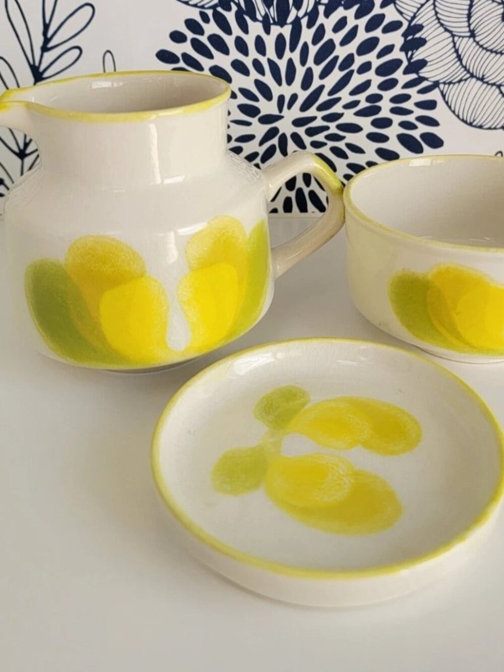 Cream & sugar set w/ dish; Crown Lynn Ironstone Fiesta hand painted MCM